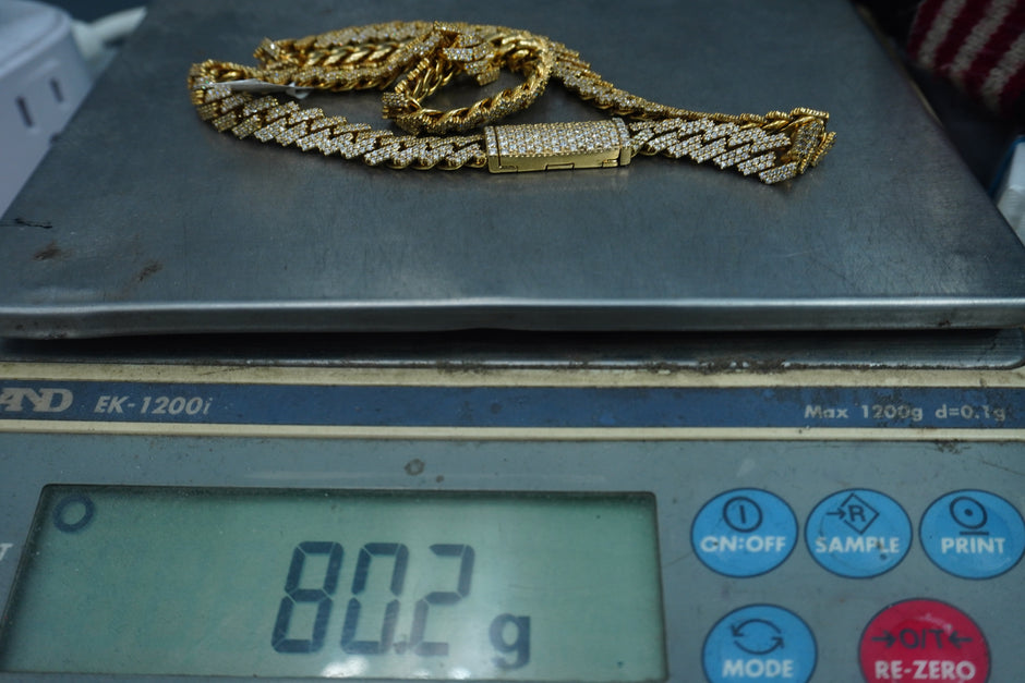 14K Yellow Gold Cuban chain with Lock 9.7ctw Genuine Natural Diamonds