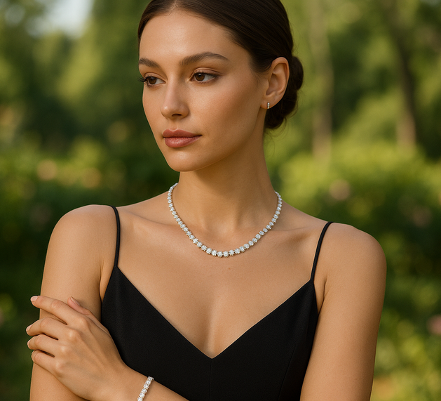 Model wearing a Tennis necklace and tennis bracelet, half body, nature